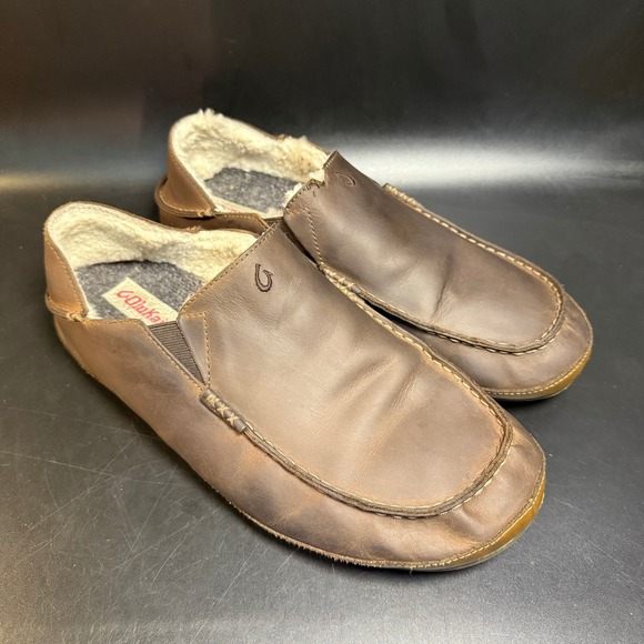 OluKai Moloa Slipper US M13 EUR 46 Brown Leather Wool Blend Slip On Shoes *Read* - Picture 1 of 8
